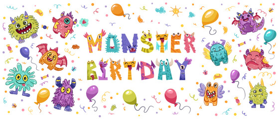 Monster party banner design. Cute creatures with text and colorful party elements, balloons. Vector cartoon flat Illustration © Foxelle