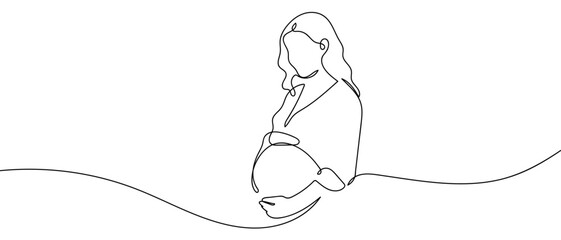 Pregnant woman, one continuous line outline isolated vector illustration Editable stroke.
