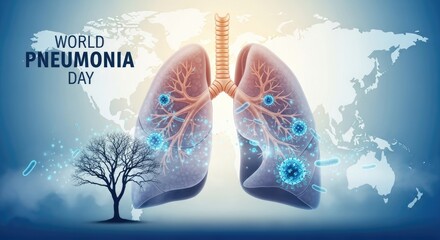 World Pneumonia Day November 12 global awareness. Human lungs displaying disease, bacteria, viruses, with a world map and a bare tree. Medical concept for respiratory health education.