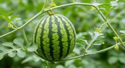 Young Watermelon Growing on Vine with Leaves and Flowers in Garden