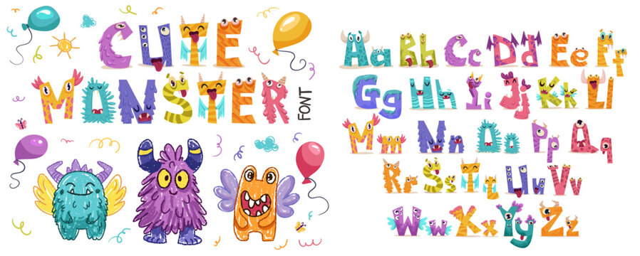 Little cute monster alphabet for baby design with funny cartoon letters for children. Kawaii font with numbers for invitation, greeting card, kindergarten banner. Vector hand drawn illustration