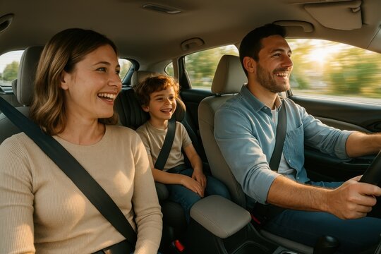 Happy family road trip laughing together in spacious car with sunlight streaming in