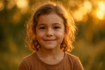 Fototapeta premium Joyful child outdoors in golden light laughing candid portrait with earthy tones texture