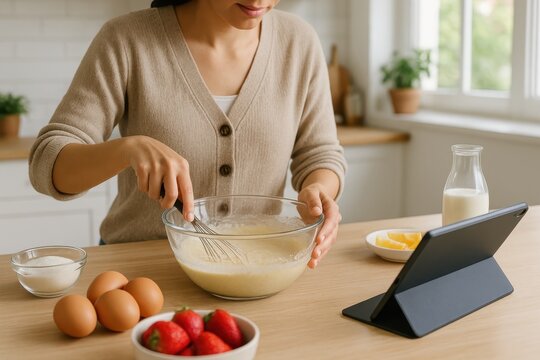 Home cook learning a new recipe hands mixing while reading a tablet in kitchen - Powered by Adobe