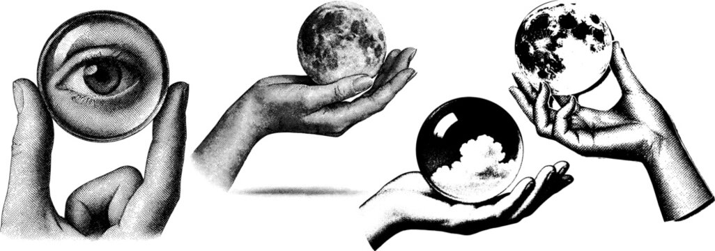 Vintage engraving of human hands holding glass spheres &mdash; reflections of the moon, clouds, and an eye. Mystical surreal illustration, isolated on white.