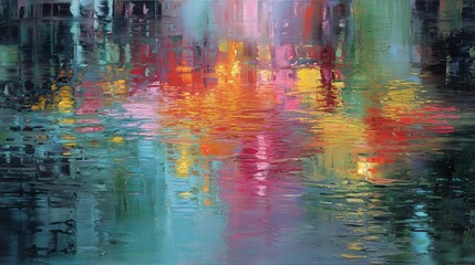 Reflections of colorful city lights on a tranquil water surface at night in an urban setting