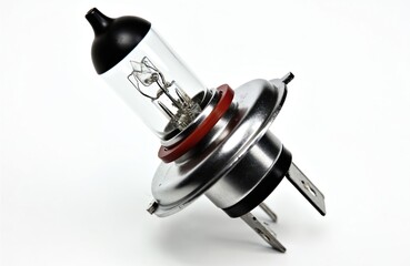 Close up photo of a car headlight halogen bulb on white. Glass and metal details of auto light source. Tech equipment for vehicle safety and night driving. Transportation and automotive industry.