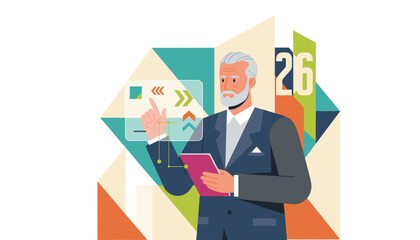 Bearded senior businessman using virtual screen interface and digital tablet Modern vector illustration