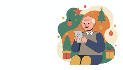 Frustrated senior man using a mobile device during the Christmas holiday Digital literacy struggle