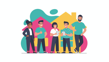Happy diverse team representing real estate community or home services