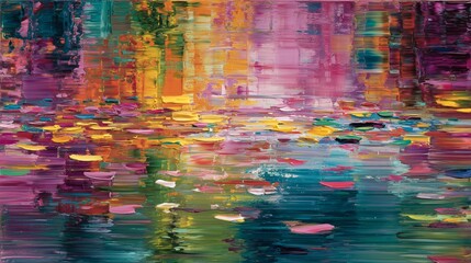 Vibrant abstract painting of water lilies reflecting colors in a serene pond during sunset