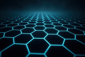 Fototapeta premium Neon honeycomb geometry glowing across a dark gradient abstract wallpaper with soft depth