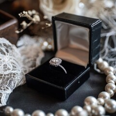 A diamond engagement ring displayed in an open black velvet ring box with a white satin interior. 