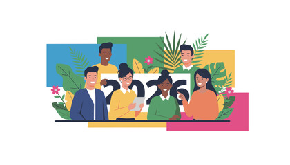 Diverse team smiling looking forward to 2026 Business collaboration and success planning