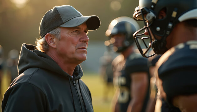 A coach addresses american football players on the field. The coach in cap hoodie looks at players. The team listens intently before the game begins.