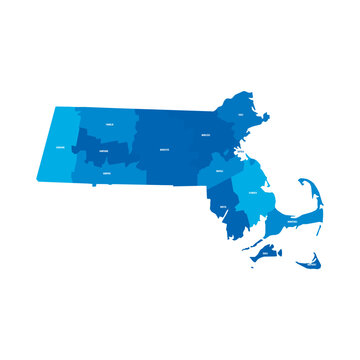Massachusetts, MA - detailed political map of US state. Administrative map divided into counties. Blue map with county name labels. Vector illustration