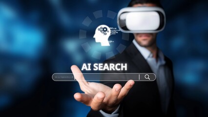 A professional man engages with advanced AI search technology through virtual reality. The image showcases innovation, creativity, and digital exploration in a modern setting. Raster