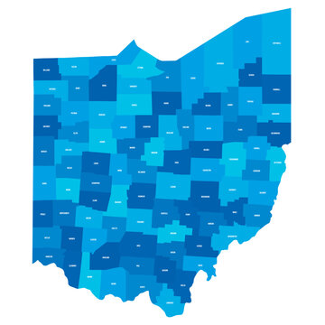 Ohio, OH - detailed political map of US state. Administrative map divided into counties. Blue map with county name labels. Vector illustration