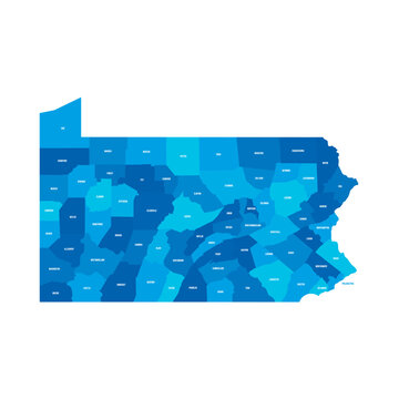 Pennsylvania, PA - detailed political map of US state. Administrative map divided into counties. Blue map with county name labels. Vector illustration