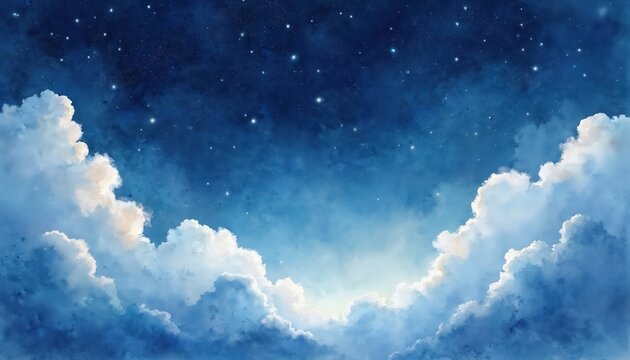 Watercolor drawing shows night sky with clouds, stars. Blue gradient blends with white cloudscape. Soft light effect enhances serene ethereal mood. Great for backgrounds, wallpapers, art projects,