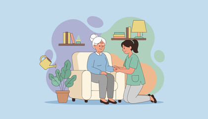 Professional caregiver comforts senior woman at home Home care assistance and support illustration