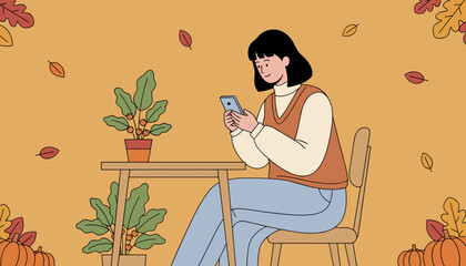 Woman texting on phone in cozy fall setting with potted plants and decorative pumpkins