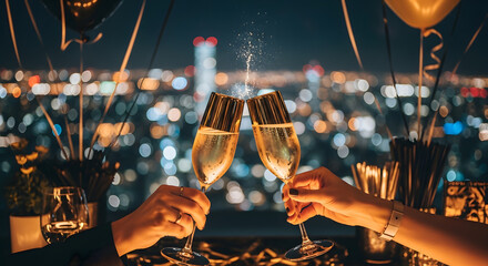 Luxury New Year’s Eve celebration at an elegant rooftop bar, golden champagne glasses clinking with city lights in the background, black and gold decorations, festive bokeh lights