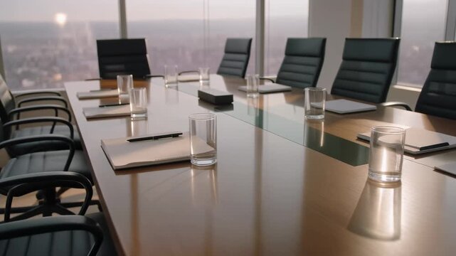 Empty conference room with skyline view pre meeting setup documents and water glasses on table clean interior