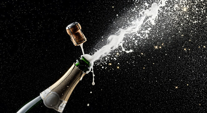 Luxury bottle of champagne popping open, droplets and golden sparkles frozen in motion, black background, dramatic lighting, high-speed capture, ISO 100, f/8, 1/2000s