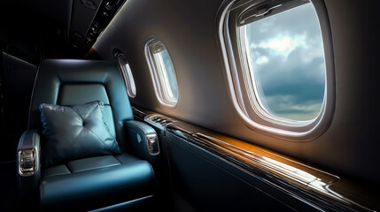 The interior of an airplane cabin focusing on a blue leather seat with a pillow and the view from the window reveals a cloudy sky