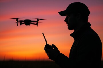 Remote pilot flying quadcopter at vivid sunset over open field silhouette adventure moment