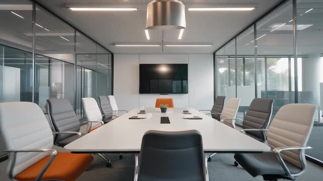 Modern conference room interior with white table and stylish chairs for business meetings and presentations in a corporate setting
