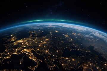 Obraz premium Night Earth from orbit glowing city lights with aurora and detailed clouds and seas