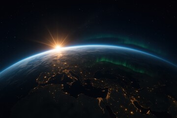 Obraz premium Earth rising over glowing horizon with aurora and city lights from orbit detailed space view