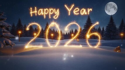 Sparkling happy new year 2026 celebration in winter wonderland with glowing lights and moonlit snow animation holiday event background - Powered by Adobe