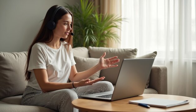 Young woman in headset communicates via video call using laptop. She works remotely studying online or participating in a business meeting from home office. Remote work distance learning concept.