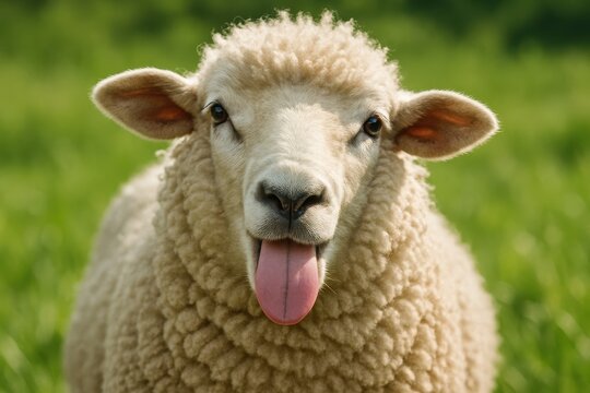 Cheeky sheep portrait sticking out tongue close up against soft meadow background