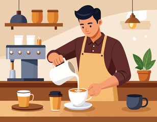 A barista wearing an apron pours milk into a cup of coffee at a cafe counter.