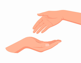 Two hands depicted, one reaching down towards the other, palm up, against a white background.