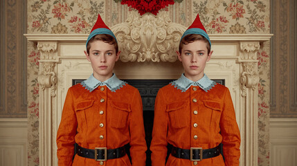 Obraz premium Two young figures dressed in bright orange outfits with blue accents stand in front of a festive backdrop during the holiday season