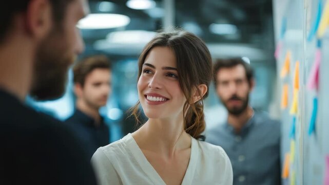 Confident female professional enjoys a collaborative meeting with coworkers in a contemporary office environment. The atmosphere is dynamic, reflecting creativity and productive teamwork