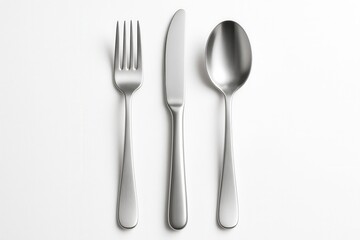 Stainless steel fork knife and spoon isolated on white with realistic soft shadows