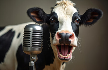 Funny black and white cow with open mouth near vintage silver microphone. Cow face is close-up. Animal singing or screaming into mic. Humorous farm animal scene with retro audio equipment.