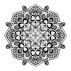 Hand-drawn Mandala design, mandala art, nature mandala with floral and abstract lines. Black and white background with mandala design to textiles, henna painting and background for your art. No ai.