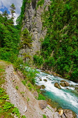 Landscape in Abkhazia with Caucasian ridge and river