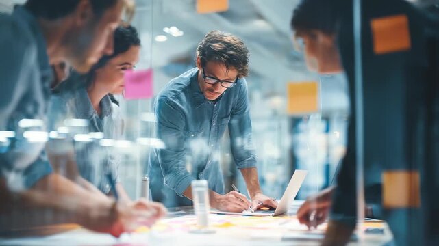 Young professionals gather around a table in a contemporary workspace, actively discussing and developing new concepts. Teamwork and creativity drive their productive business meeting