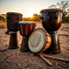 African drums on dry ground at sunset, traditional music style, warm earthy tones, Kwanzaa rhythm and cultural heritage