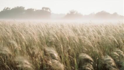 Vast golden field of tall grass swaying in a gentle breeze, with a misty horizon