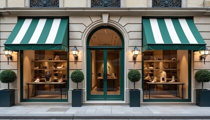 Luxury fashion boutique facade features green striped awnings. Arched entrance door, glowing lanterns frame entrance. Display windows showcase shoes, accessories inside. Elegant urban street building