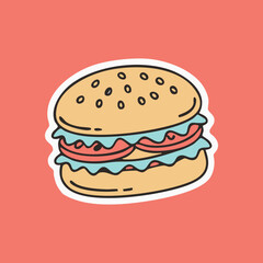Cute illustrated burger with sesame bun and layers of cheese and lettuce. Ideal for burger shops, fast food branding, packaging, and trendy menu design.